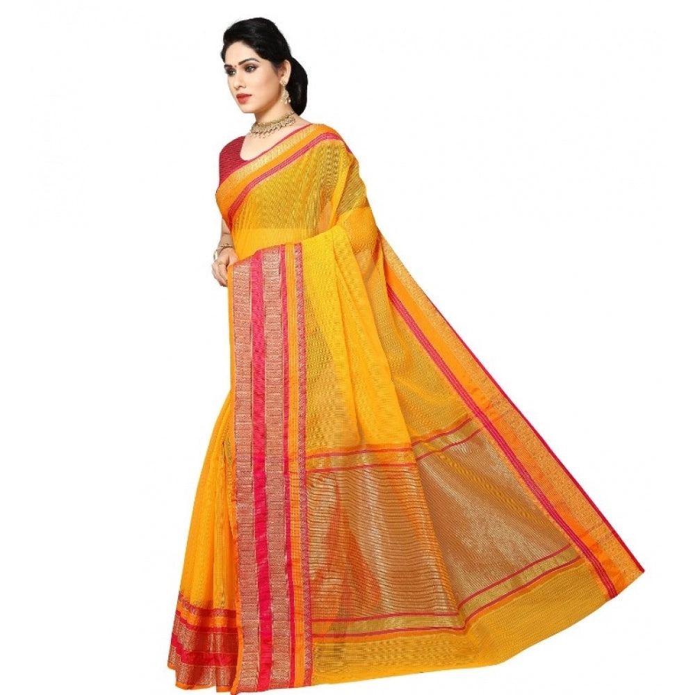 Generic Women's Kota Doria Cotton Border Saree With Blouse (Gold, 5-6 Mtrs)