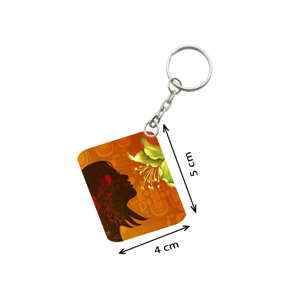 Generic Pack Of 3_ Woman Face Decorated With Flowers One Side Printed Rectangle Designer Keychain (Orange)