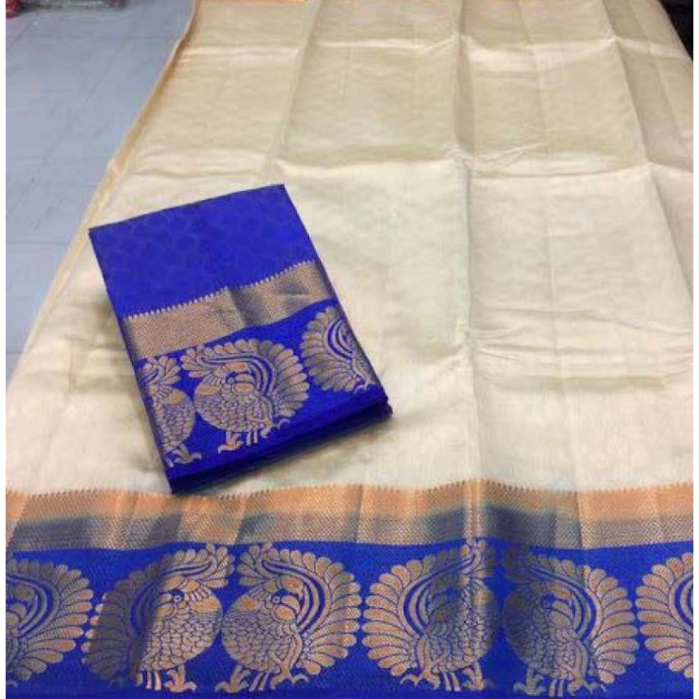 Generic Women's Kanjivaram Silk Saree With Unstitched Blouse Piece (White, 5-6 Mtrs)