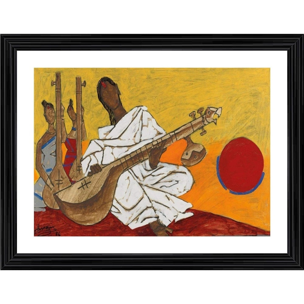 Generic Sitar Player Lady Painting With Wood Photo Frame (Multicolor)