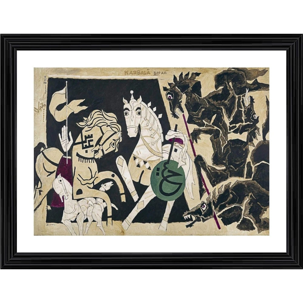 Generic Five Horses and the Battle Painting With Wood Photo Frame (Multicolor)