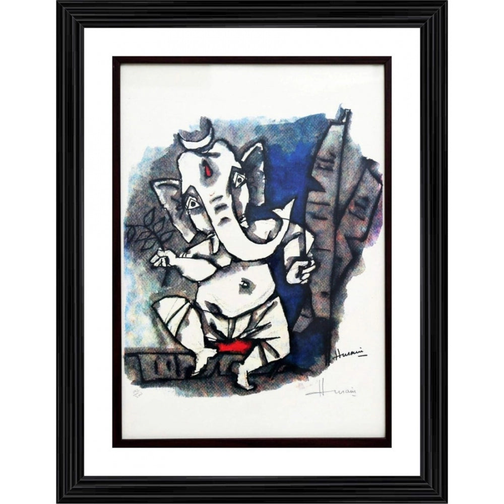 Generic Ganesha Dances Painting With Wood Photo Frame (Multicolor)