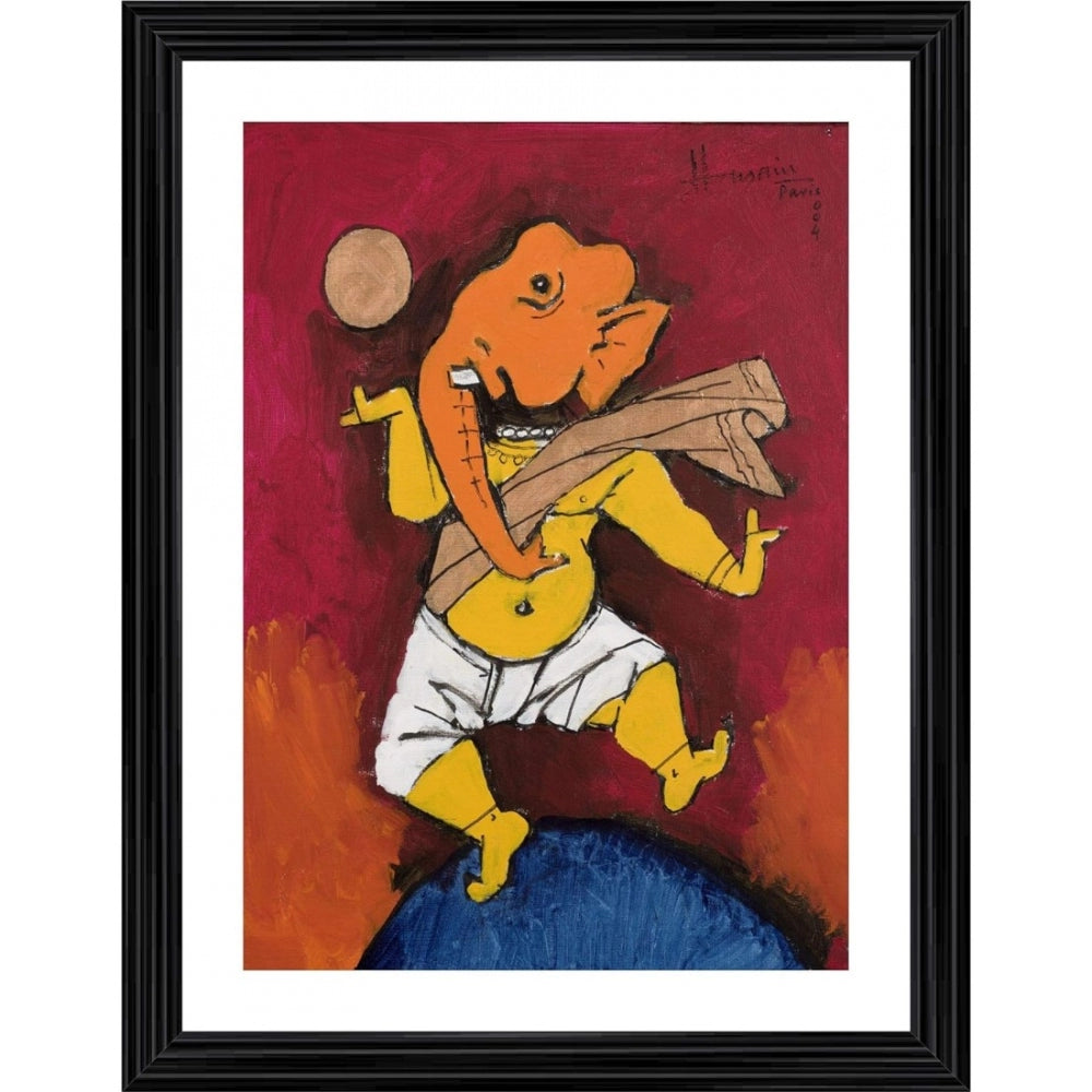 Generic Ganesh and the Moon Painting With Wood Photo Frame (Multicolor)