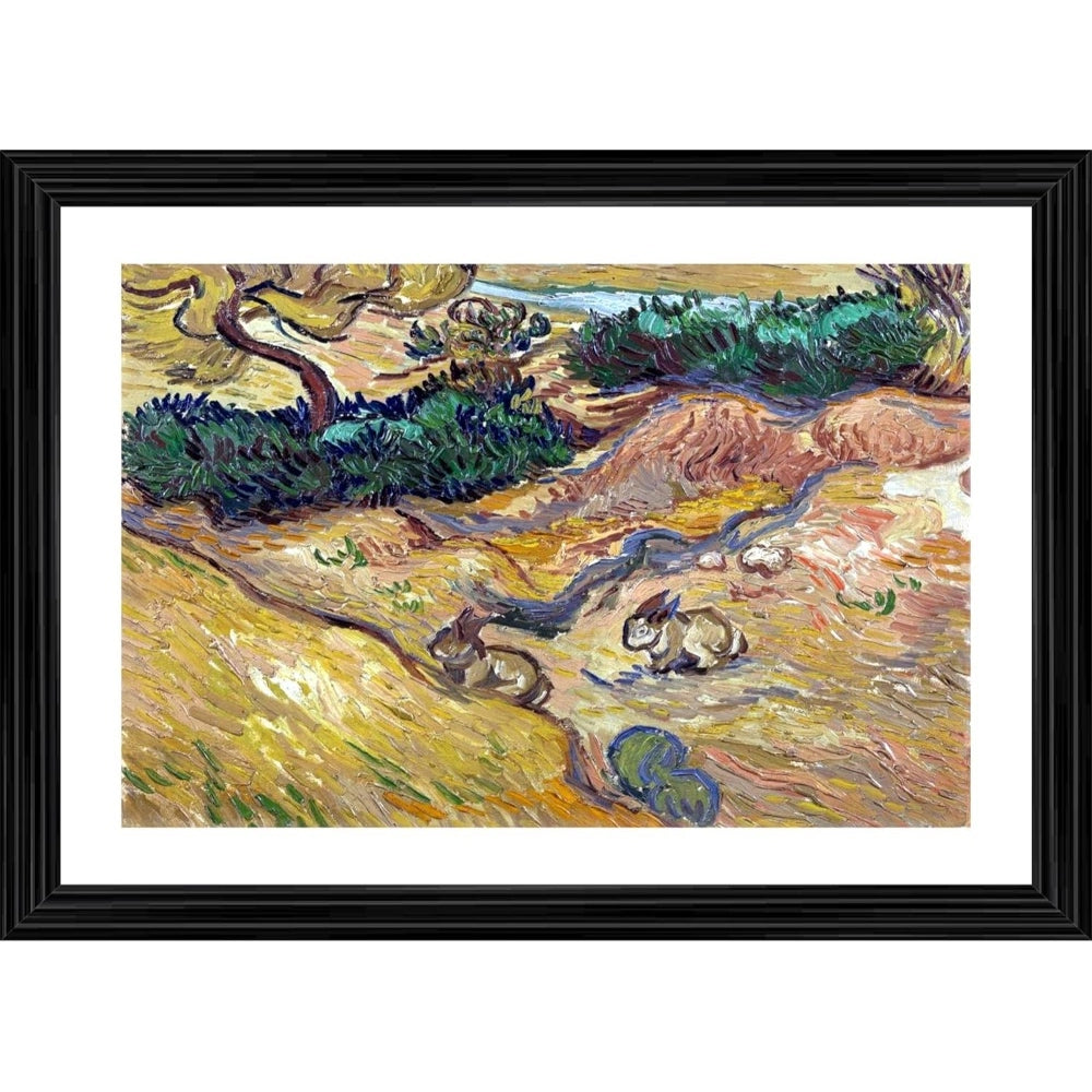 Generic Landscape with Rabbits 1889 Painting With Wood Photo Frame (Multicolor)