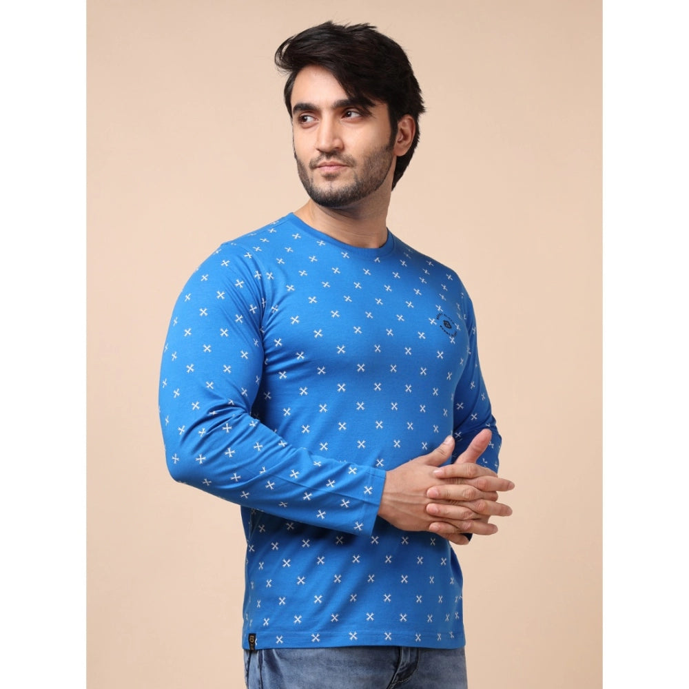 Generic Men's Casual Cotton Printed Round Neck Full Sleeve T-Shirt (Blue)