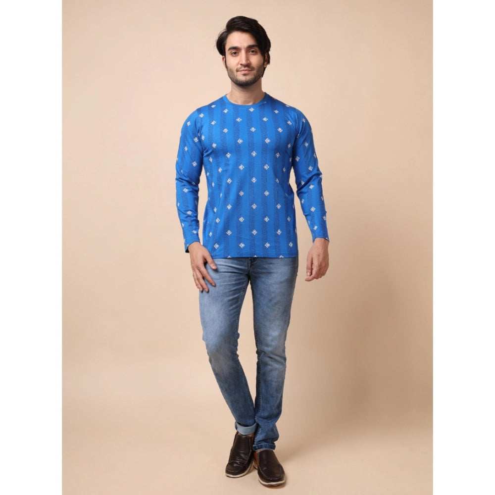 Generic Men's Casual Cotton Printed Round Neck Full Sleeve T-Shirt (Blue)