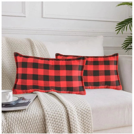 Generic Pack Of_2 Cotton Checkered Cushion Cover With Blanket Stitch (Red & Black, Size: 12x20 In)