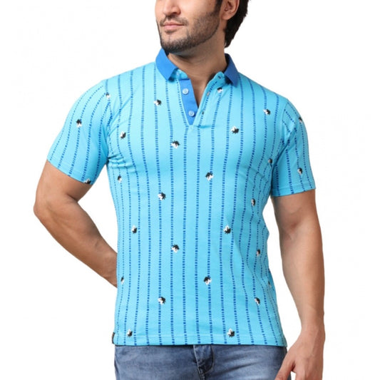 Generic Men's Casual Cotton Printed Polo Neck Half Sleeve T-Shirt (Skyblue)