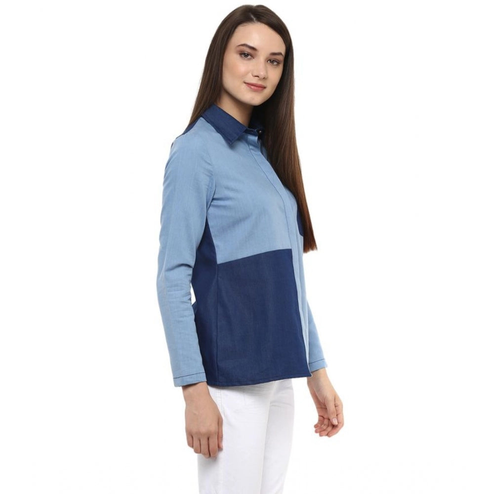 Generic Women's Denim Patch Work Long Sleeves Regular Top (Blue)