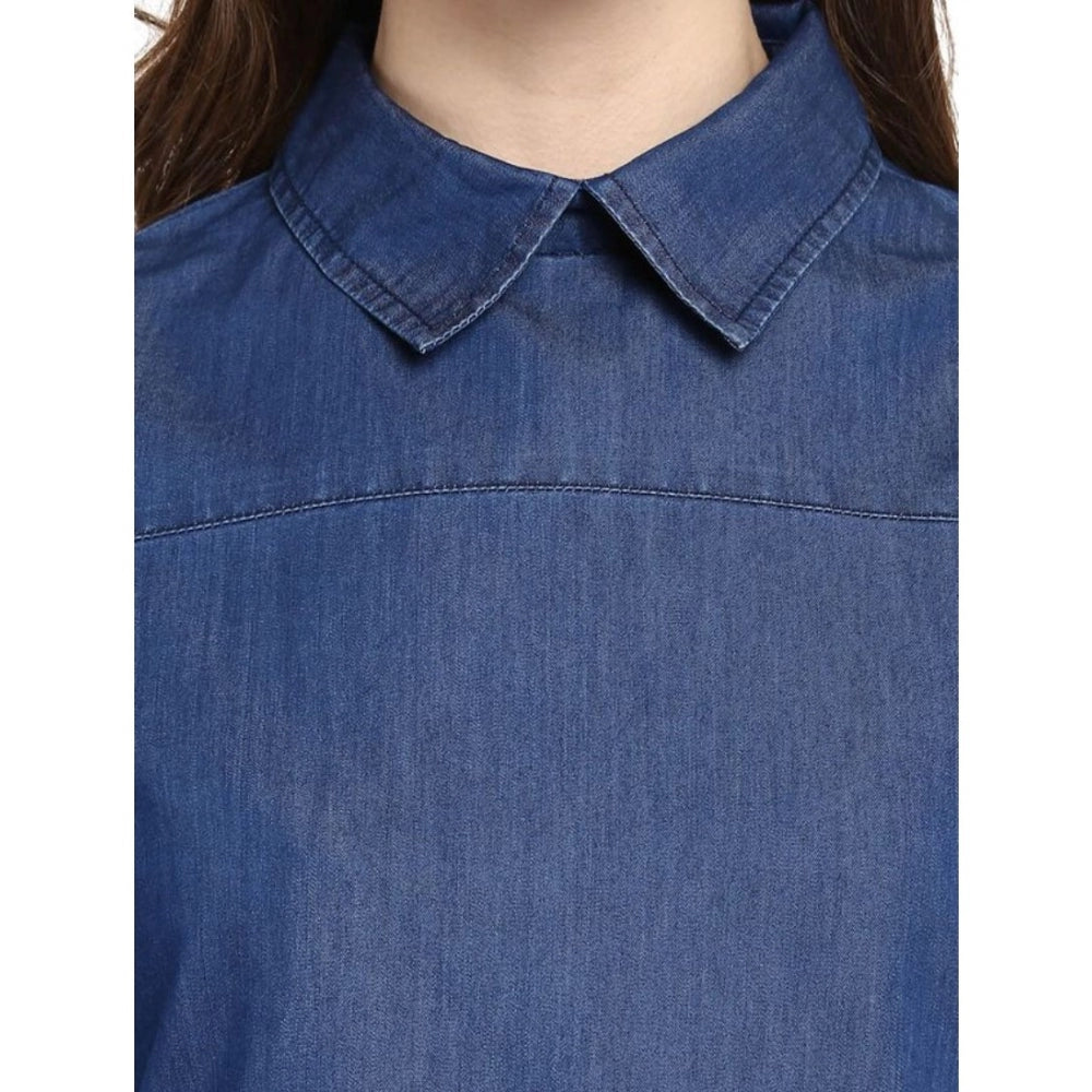 Generic Women's Denim Solid Cold Shoulder Regular Top (Blue)