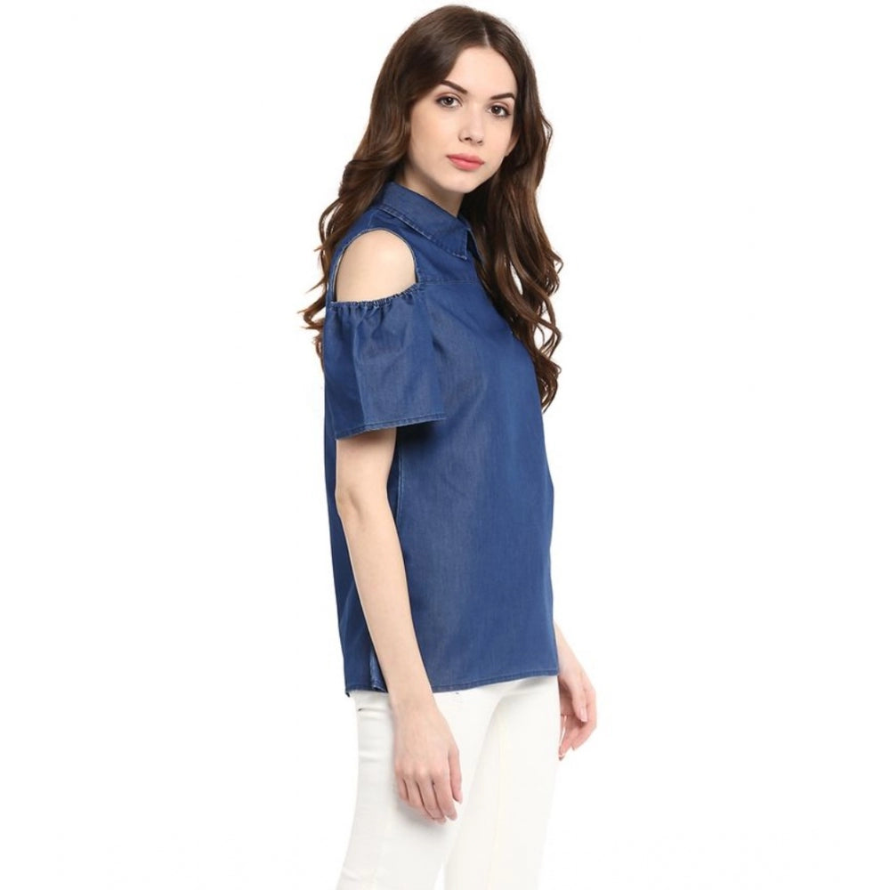 Generic Women's Denim Solid Cold Shoulder Regular Top (Blue)