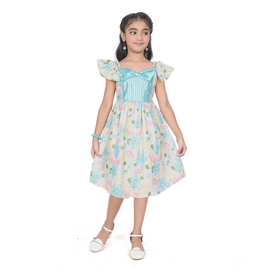 Generic Girl's Popcorn Printed Short Sleeve Squre Neck Dress (Sky Blue)