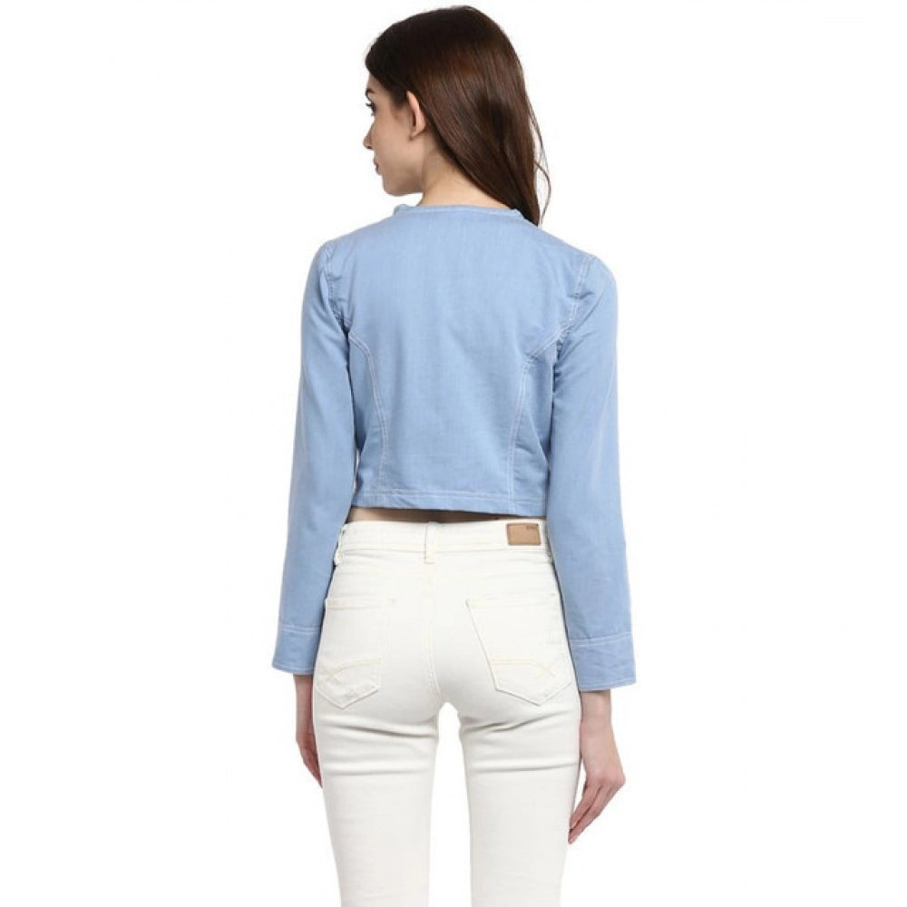 Generic Women's Denim Ruffled Long Sleeves Shrug (Blue)