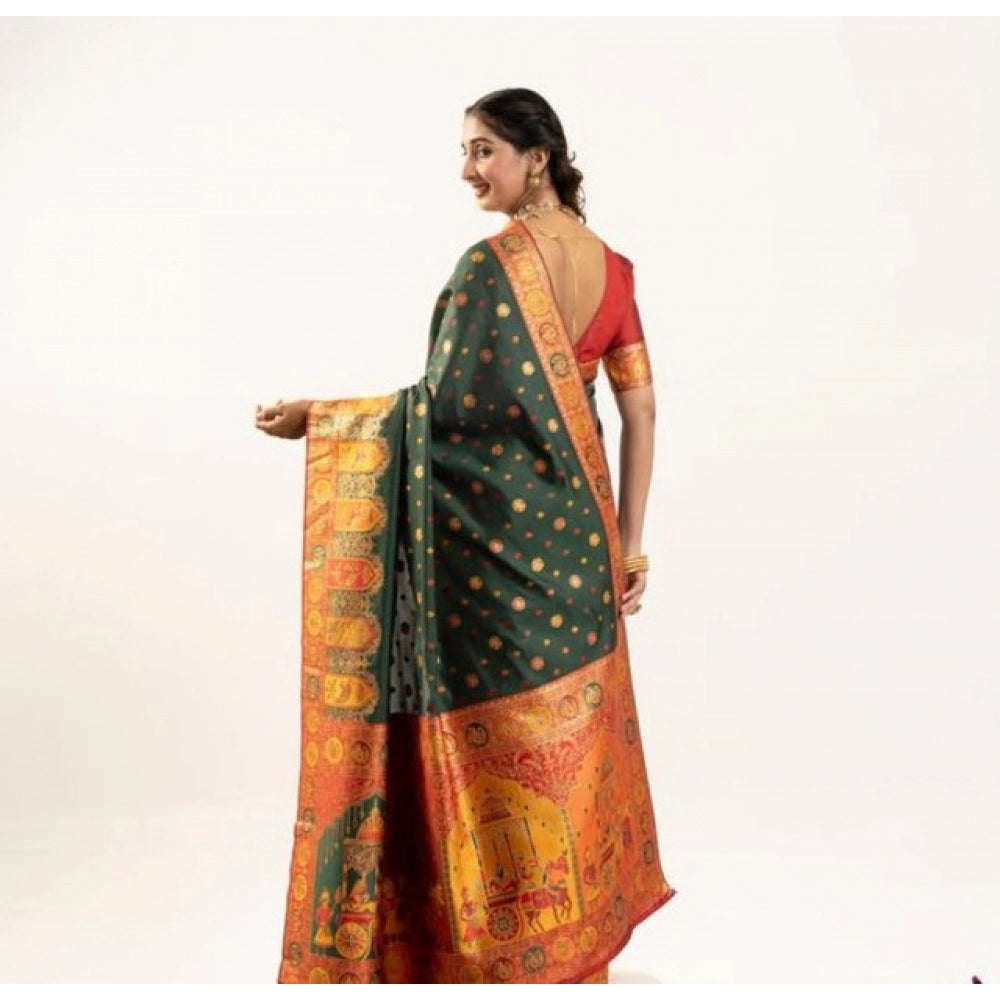 Generic Women's Faux_Banarasi Woven Motifs Saree With Unstitched Blouse 5.5Mtr (Dark_Green)