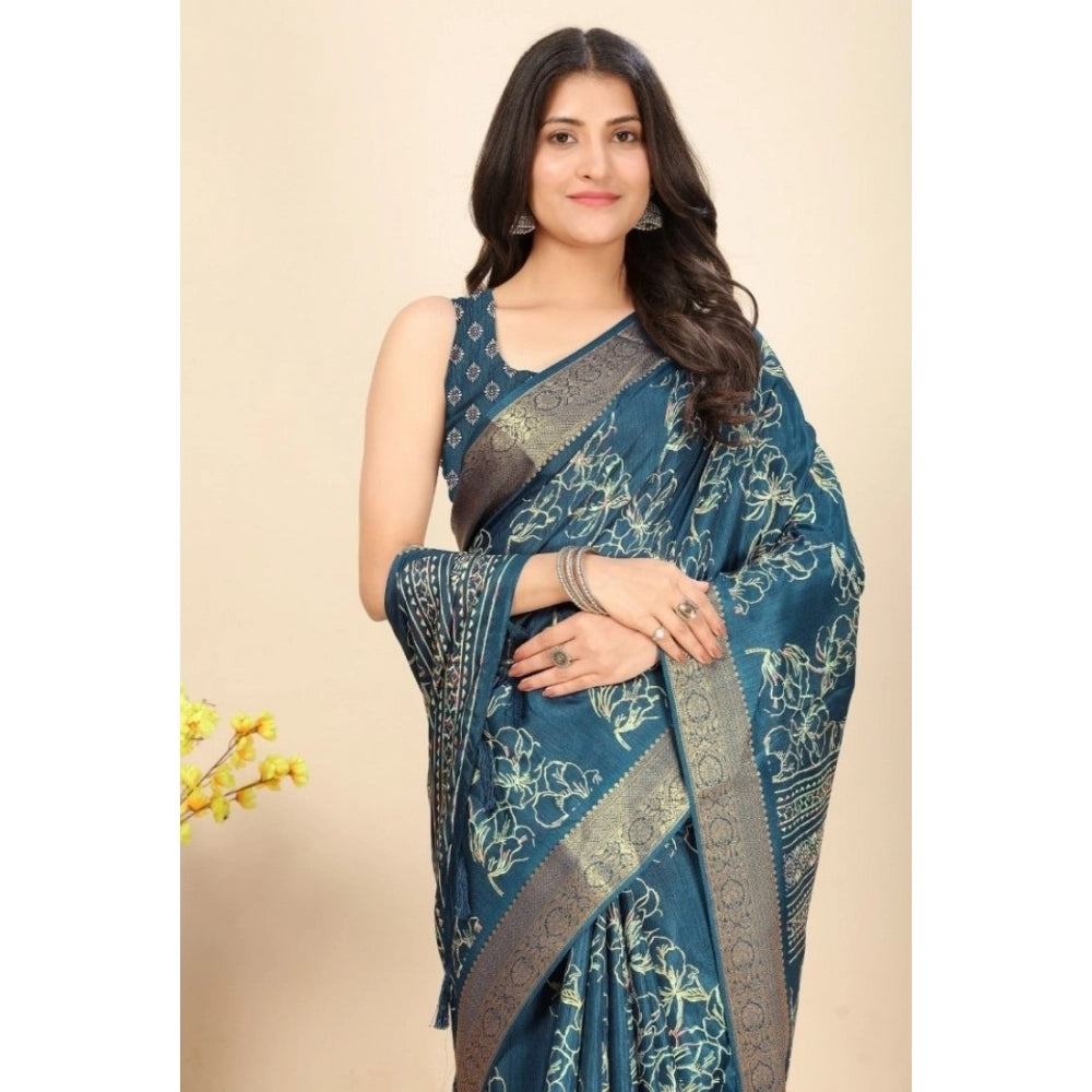 Generic Women's Cotton Silk Floral Printed Saree With Unstitched Blouse 5.5Mtr (Blue)