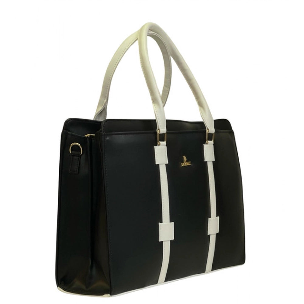 Generic Women's Polyurethane Solid Structured Shoulder Tote Handbag (Black-Cream)