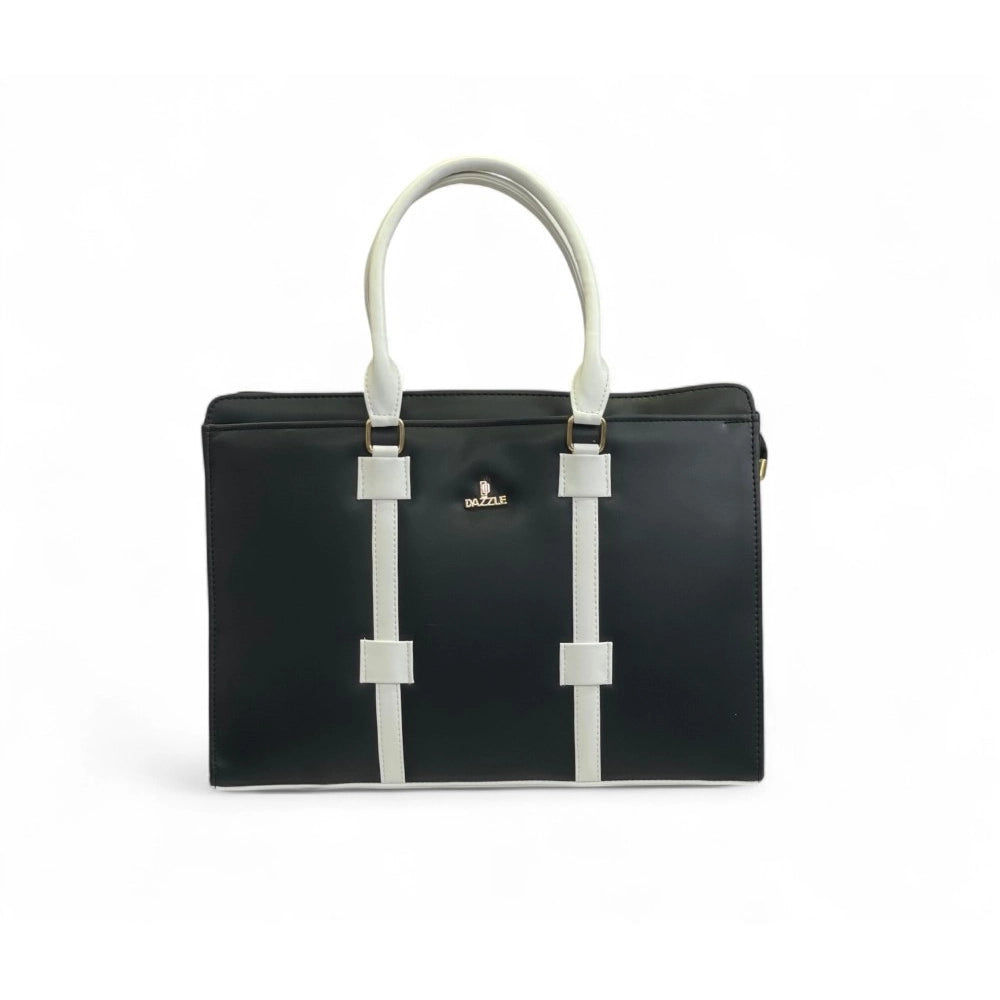 Generic Women's Polyurethane Solid Structured Shoulder Tote Handbag (Black-Cream)