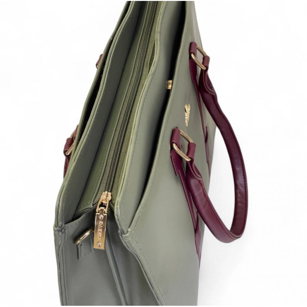 Generic Women's Polyurethane Solid Structured Shoulder Tote Handbag (Sage Green-Burgundy)