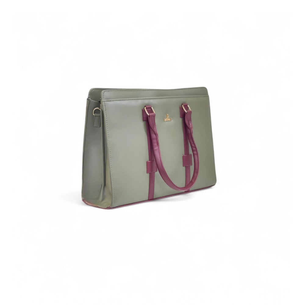 Generic Women's Polyurethane Solid Structured Shoulder Tote Handbag (Sage Green-Burgundy)