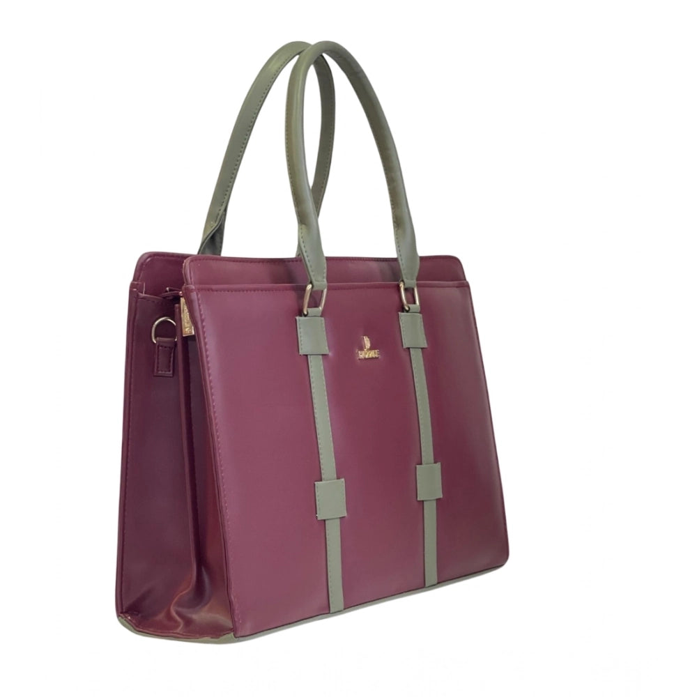 Generic Women's Polyurethane Solid Structured Shoulder Tote Handbag (Burgundy-Gray)