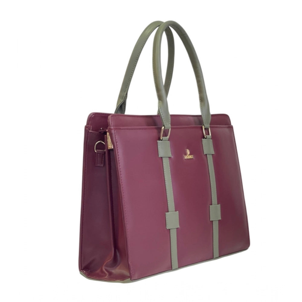 Generic Women's Polyurethane Solid Structured Shoulder Tote Handbag (Burgundy-Gray)