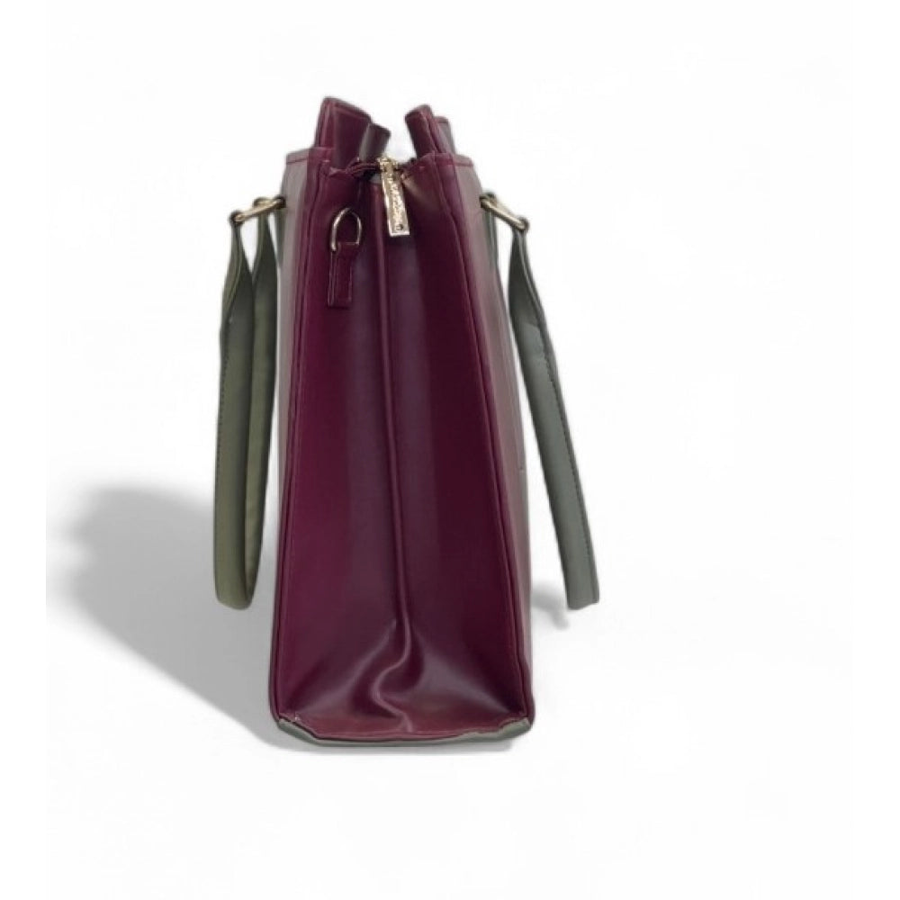 Generic Women's Polyurethane Solid Structured Shoulder Tote Handbag (Burgundy-Gray)
