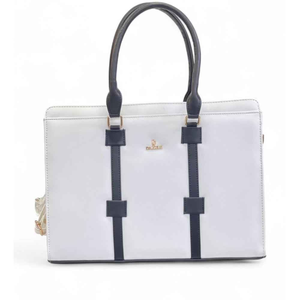 Generic Women's Polyurethane Solid Structured Shoulder Tote Handbag (Cream-Navy Blue)
