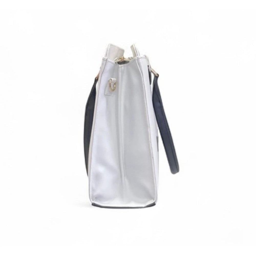 Generic Women's Polyurethane Solid Structured Shoulder Tote Handbag (Cream-Navy Blue)