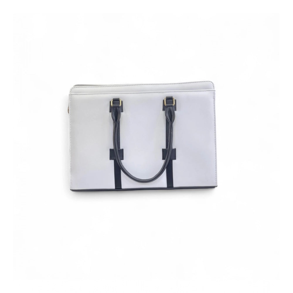 Generic Women's Polyurethane Solid Structured Shoulder Tote Handbag (Cream-Navy Blue)