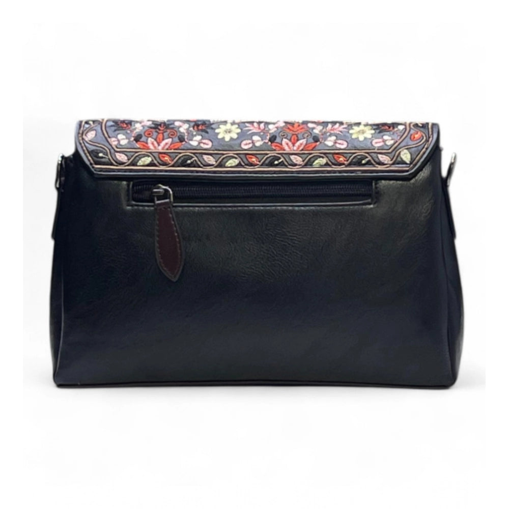 Generic Women's Polyurethane Floral Embroidered Crossbody Sling Bag with Adjustable &amp; Removable Strap (Black)