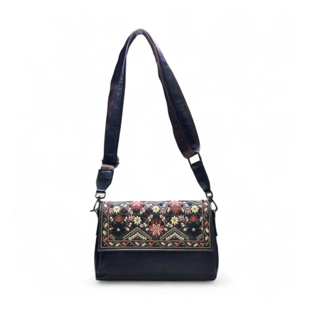 Generic Women's Polyurethane Floral Embroidered Crossbody Sling Bag with Adjustable &amp; Removable Strap (Black)