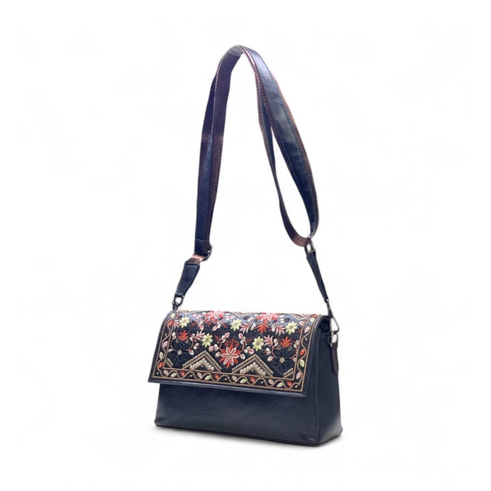 Generic Women's Polyurethane Floral Embroidered Crossbody Sling Bag with Adjustable &amp; Removable Strap (Black)