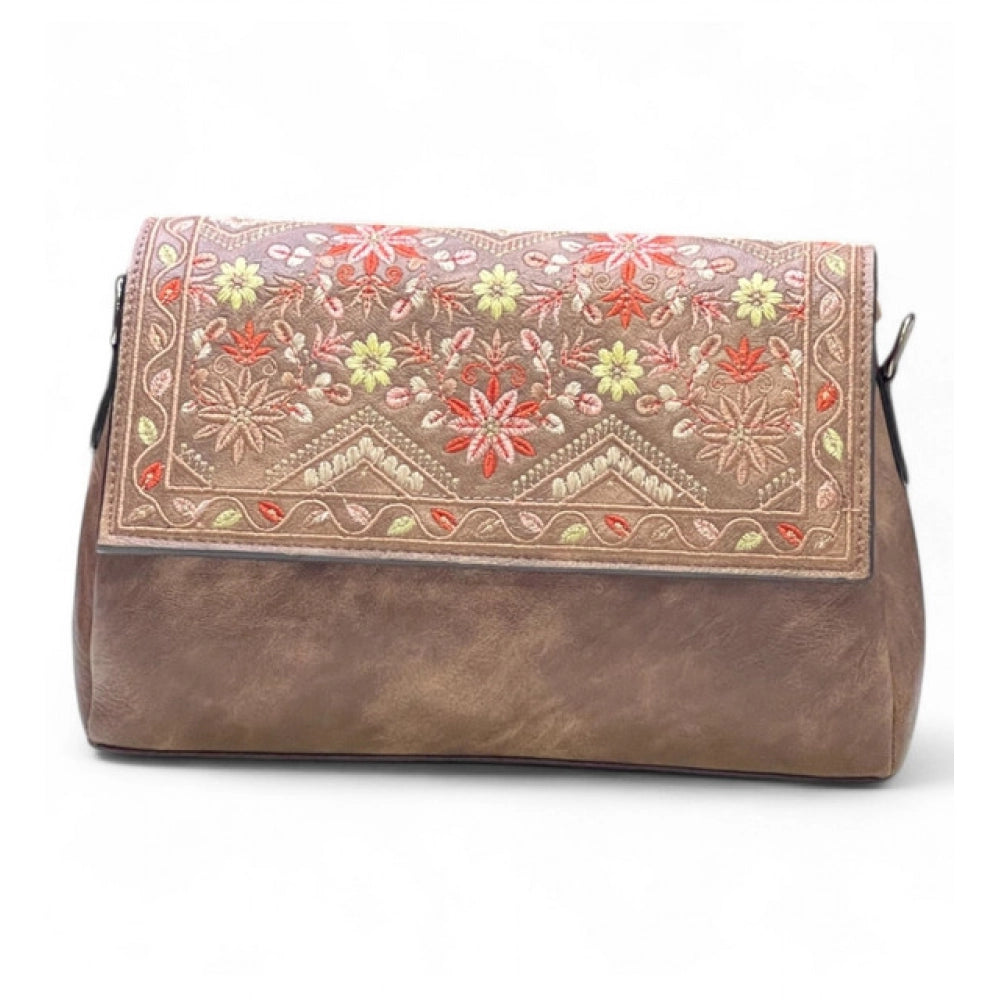 Generic Women's Polyurethane Floral Embroidered Crossbody Sling Bag with Adjustable &amp; Removable Strap (Brown)