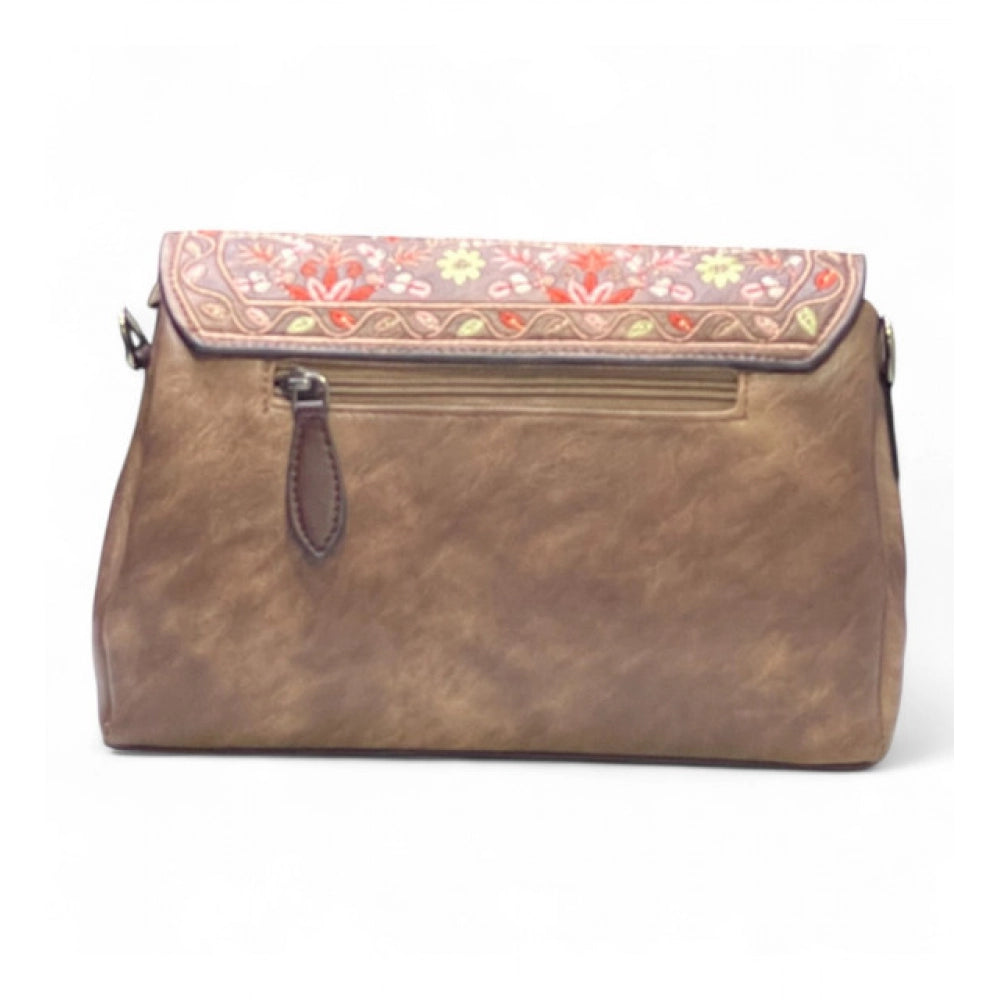 Generic Women's Polyurethane Floral Embroidered Crossbody Sling Bag with Adjustable &amp; Removable Strap (Brown)