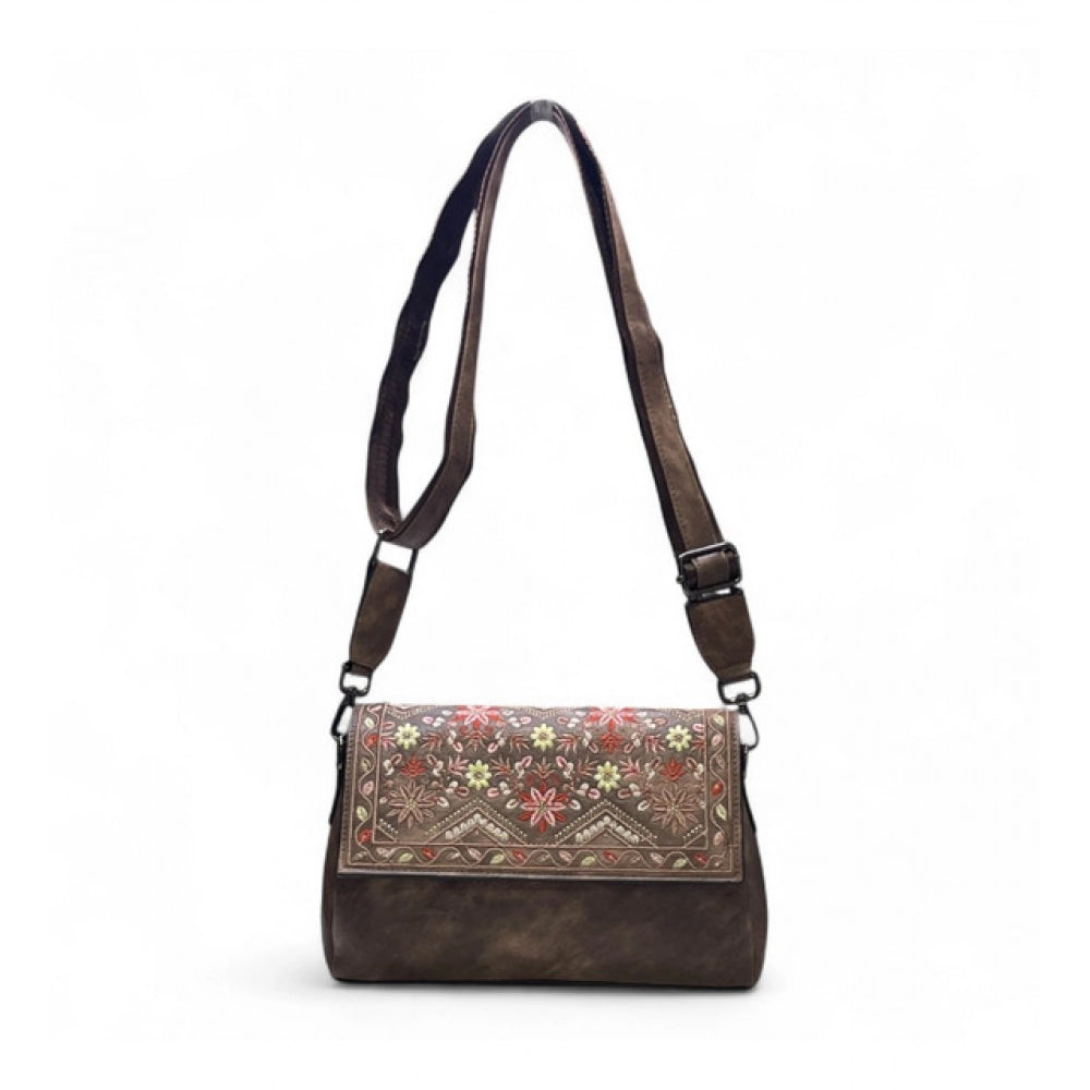Generic Women's Polyurethane Floral Embroidered Crossbody Sling Bag with Adjustable &amp; Removable Strap (Brown)