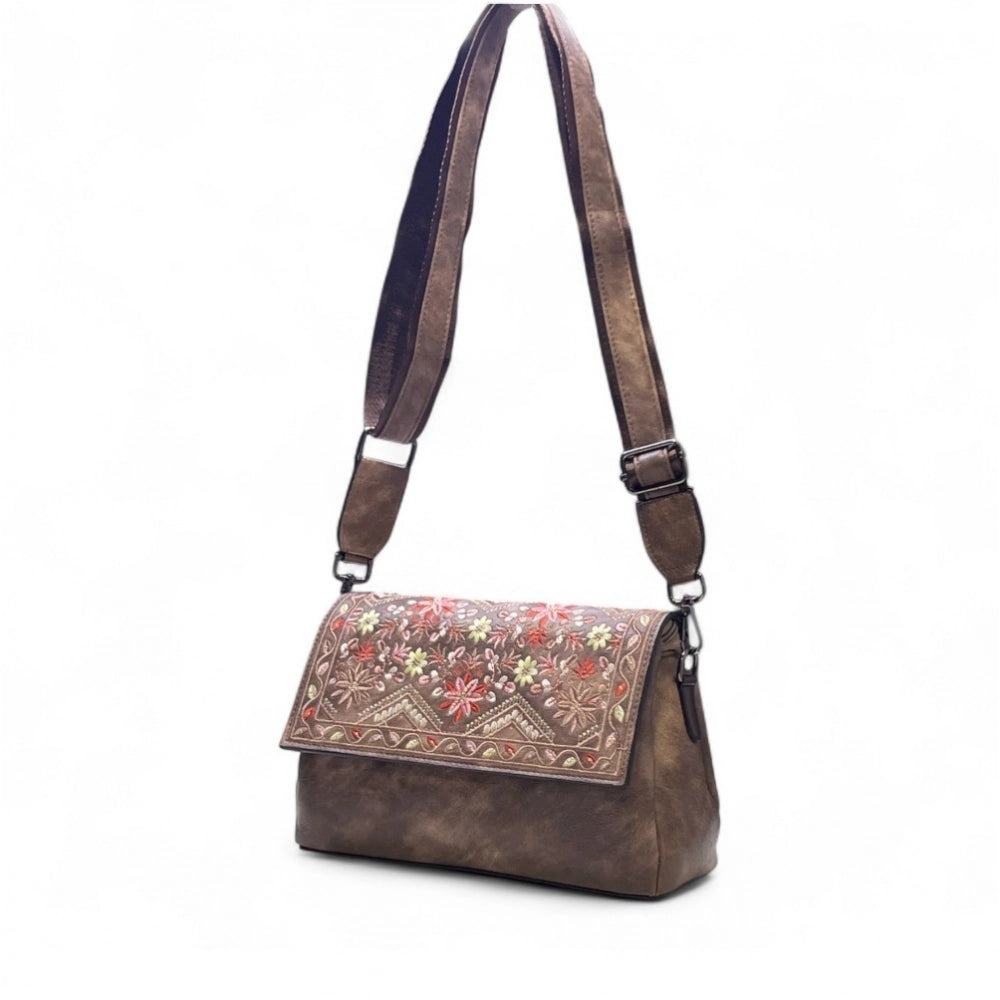 Generic Women's Polyurethane Floral Embroidered Crossbody Sling Bag with Adjustable &amp; Removable Strap (Brown)