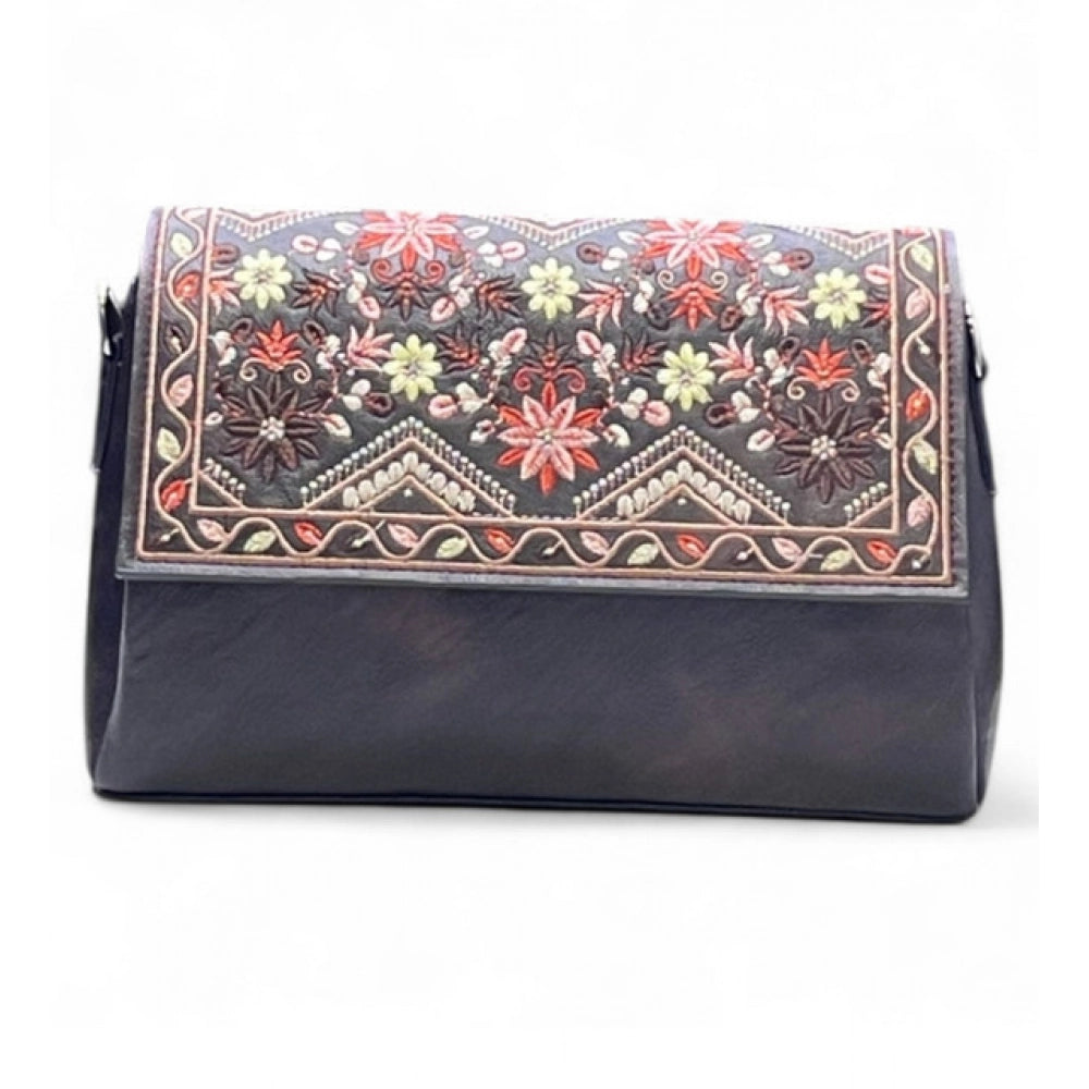 Generic Women's Polyurethane Floral Embroidered Crossbody Sling Bag with Adjustable &amp; Removable Strap (Coffee)