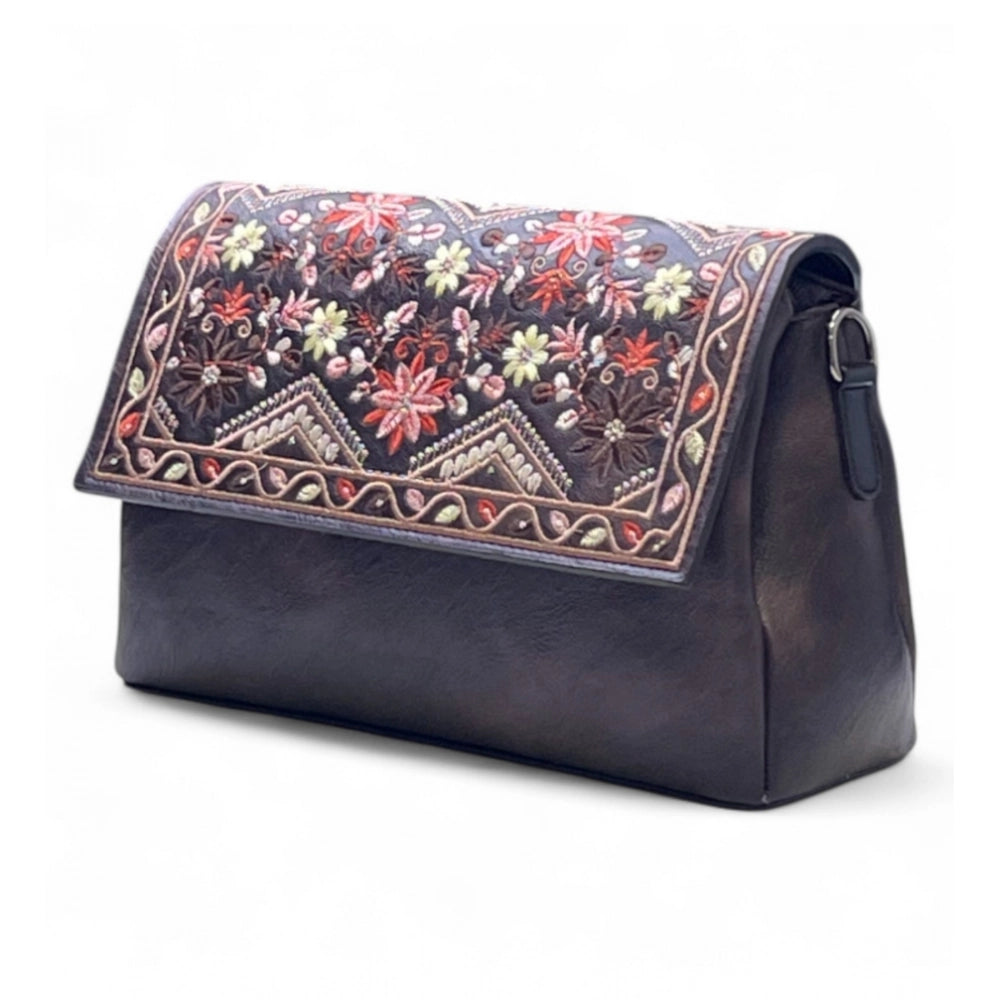 Generic Women's Polyurethane Floral Embroidered Crossbody Sling Bag with Adjustable &amp; Removable Strap (Coffee)
