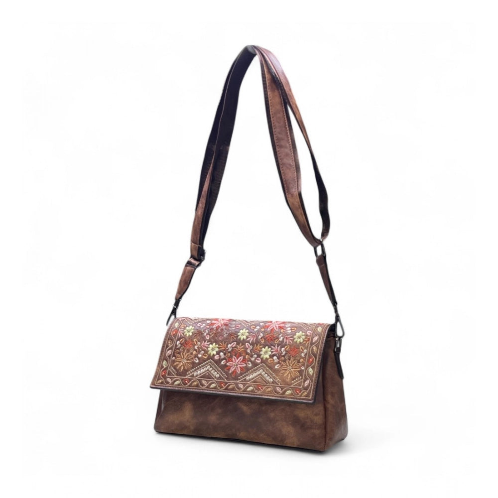 Generic Women's Polyurethane Floral Embroidered Crossbody Sling Bag with Adjustable &amp; Removable Strap (Dark Brown)