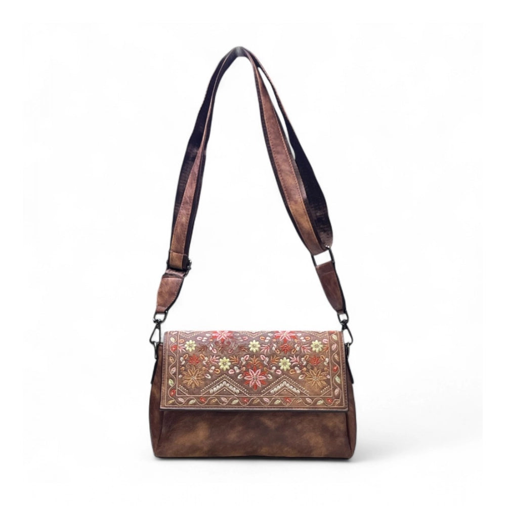 Generic Women's Polyurethane Floral Embroidered Crossbody Sling Bag with Adjustable &amp; Removable Strap (Dark Brown)