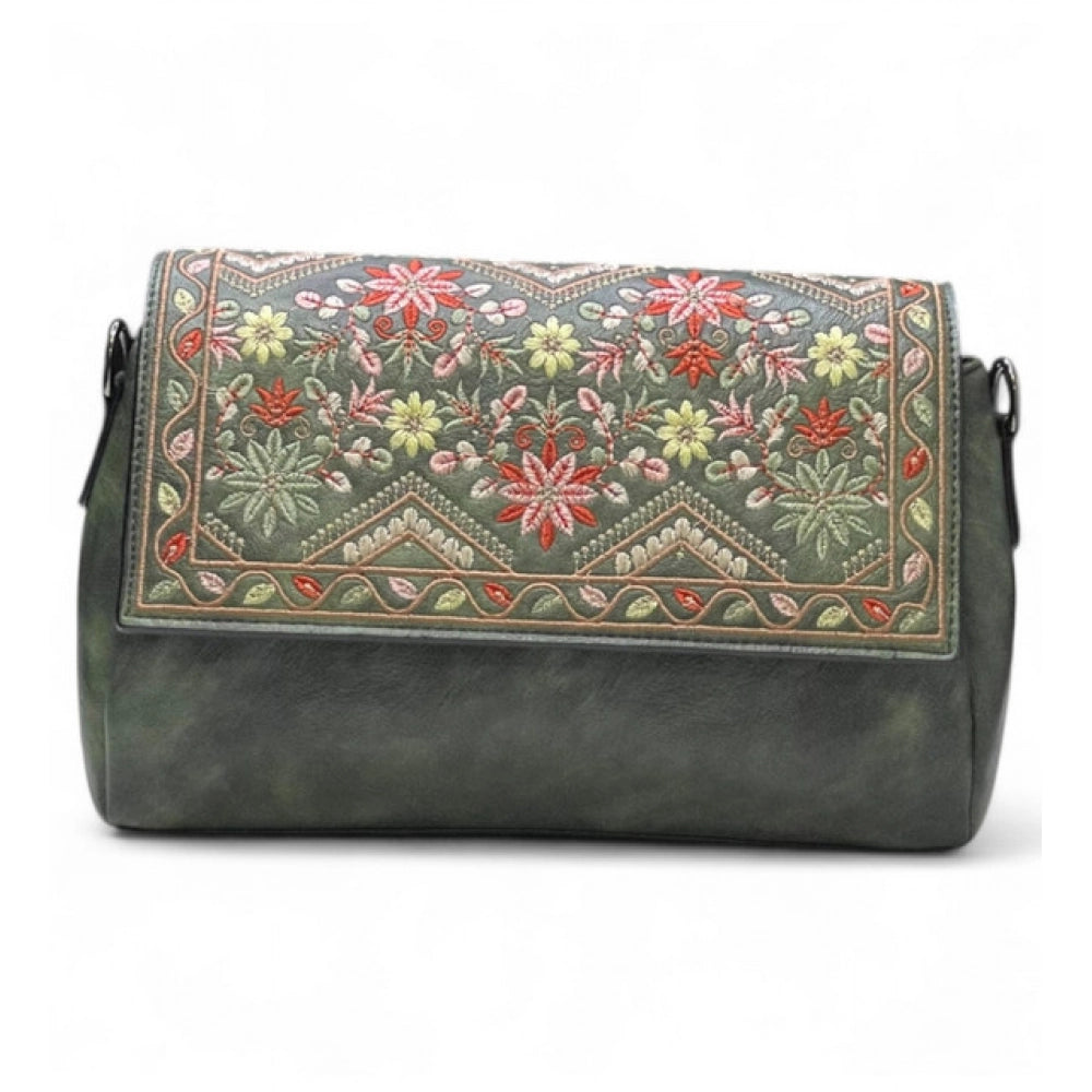 Generic Women's Polyurethane Floral Embroidered Crossbody Sling Bag with Adjustable &amp; Removable Strap (Green)