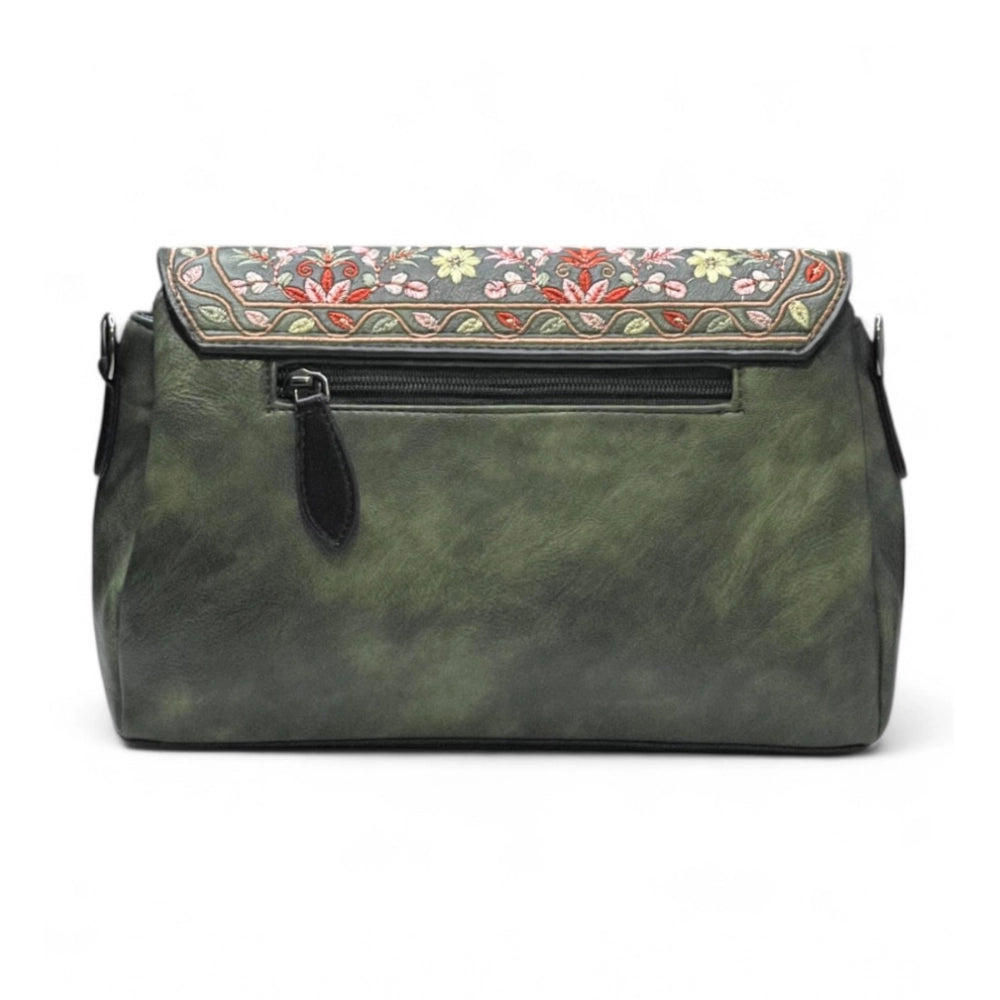 Generic Women's Polyurethane Floral Embroidered Crossbody Sling Bag with Adjustable &amp; Removable Strap (Green)