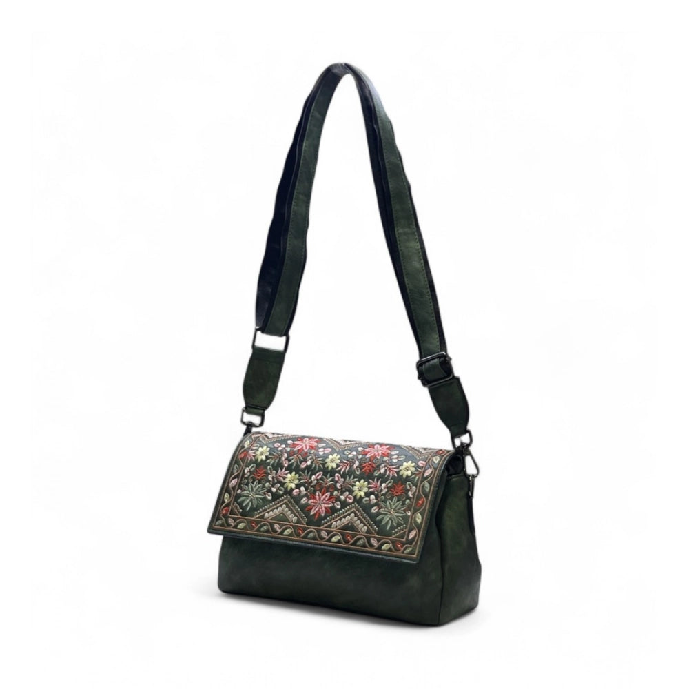 Generic Women's Polyurethane Floral Embroidered Crossbody Sling Bag with Adjustable &amp; Removable Strap (Green)