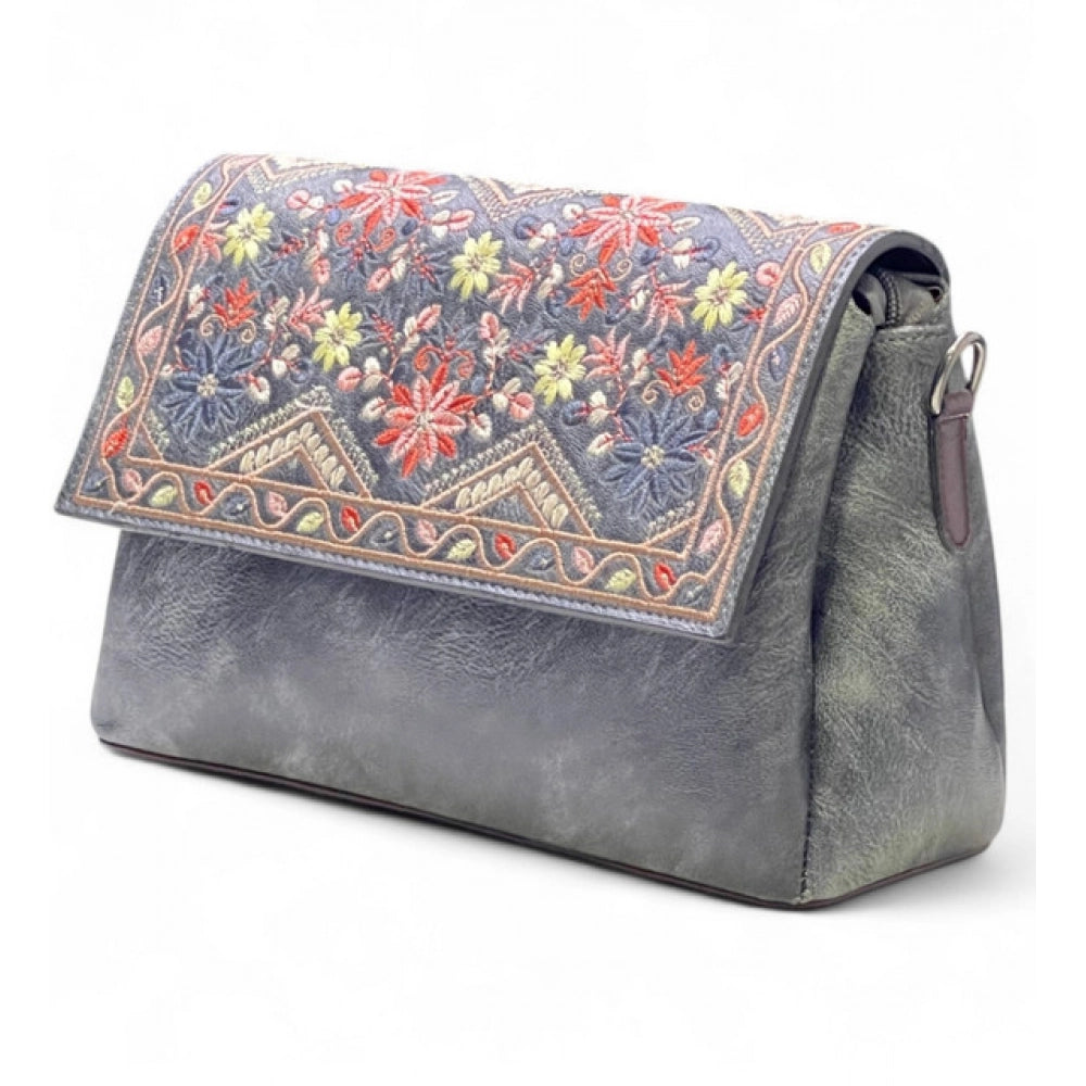 Generic Women's Polyurethane Floral Embroidered Crossbody Sling Bag with Adjustable &amp; Removable Strap (Grey)