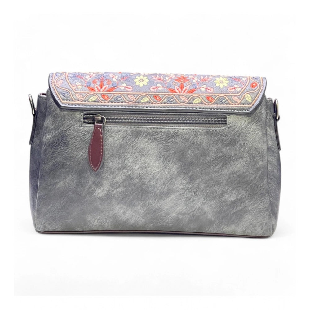 Generic Women's Polyurethane Floral Embroidered Crossbody Sling Bag with Adjustable &amp; Removable Strap (Grey)