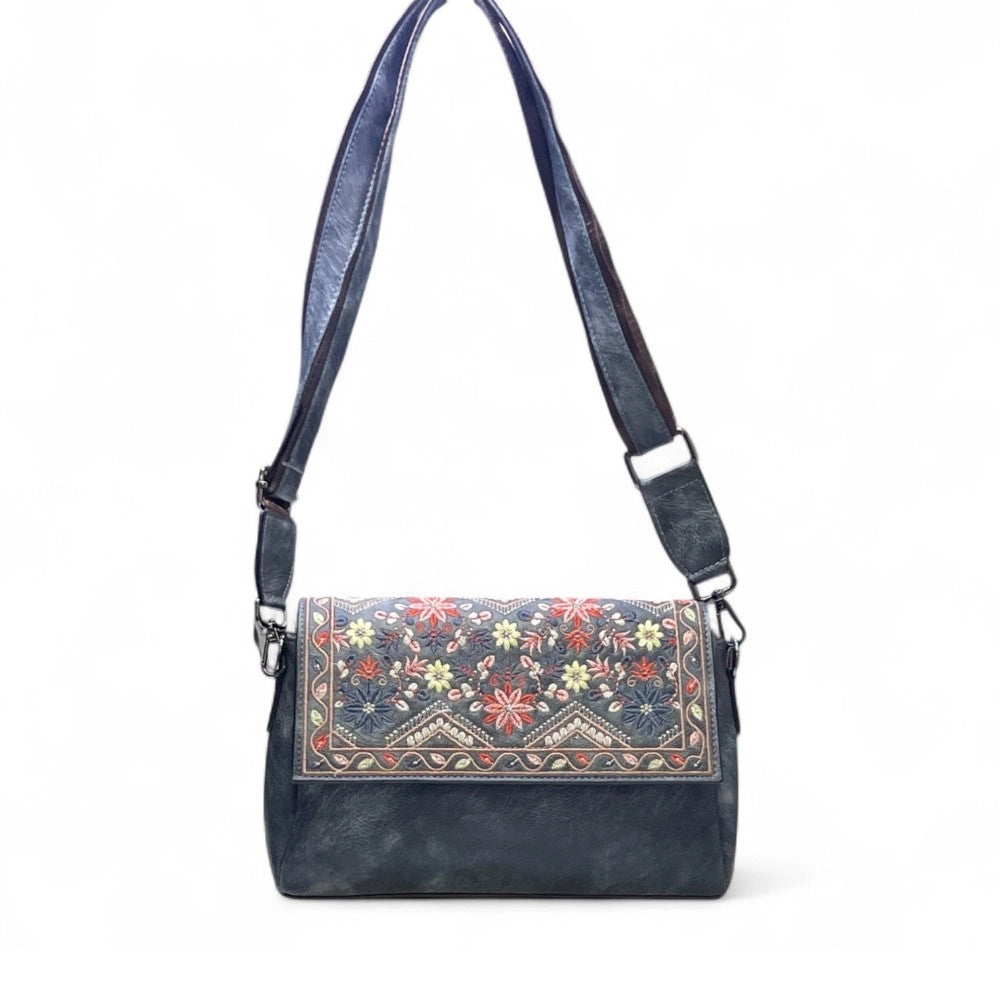 Generic Women's Polyurethane Floral Embroidered Crossbody Sling Bag with Adjustable &amp; Removable Strap (Grey)