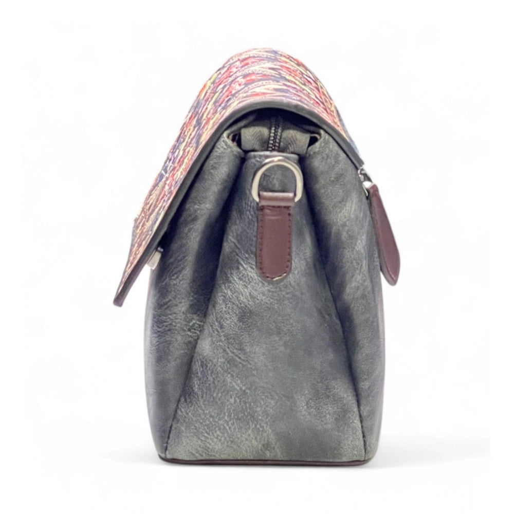 Generic Women's Polyurethane Floral Embroidered Crossbody Sling Bag with Adjustable &amp; Removable Strap (Grey)