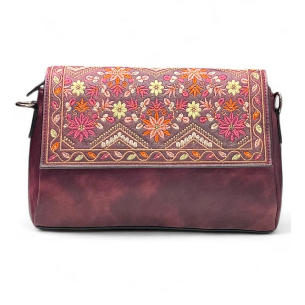 Generic Women's Polyurethane Floral Embroidered Crossbody Sling Bag with Adjustable &amp; Removable Strap (Red)