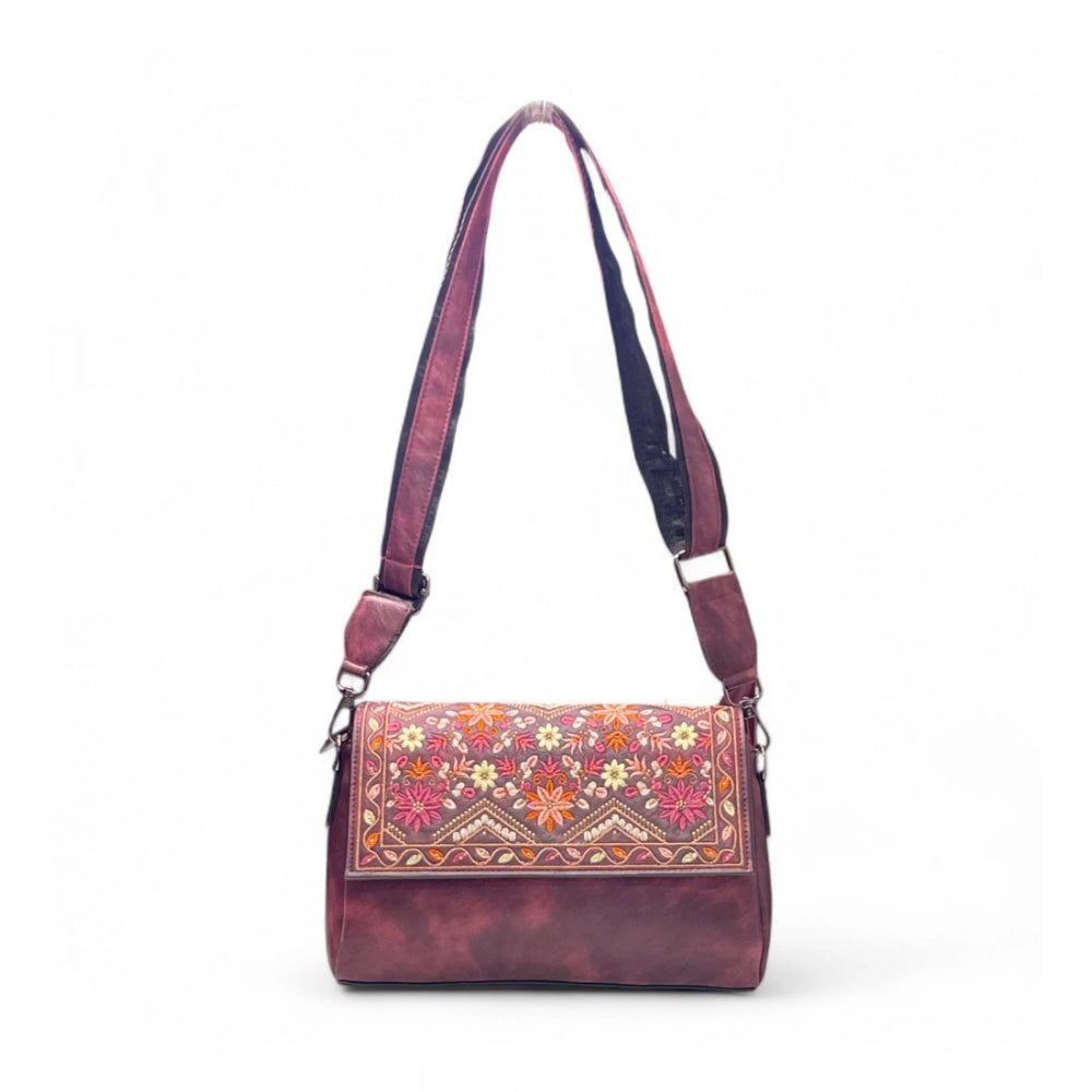 Generic Women's Polyurethane Floral Embroidered Crossbody Sling Bag with Adjustable &amp; Removable Strap (Red)