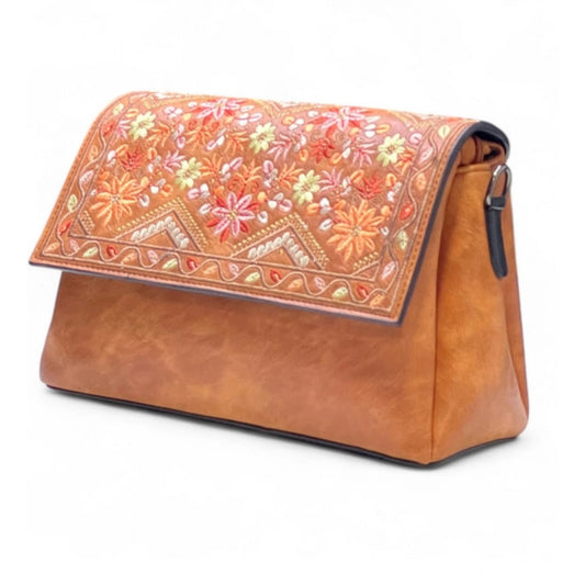 Generic Women's Polyurethane Floral Embroidered Crossbody Sling Bag with Adjustable &amp; Removable Strap (Tan)